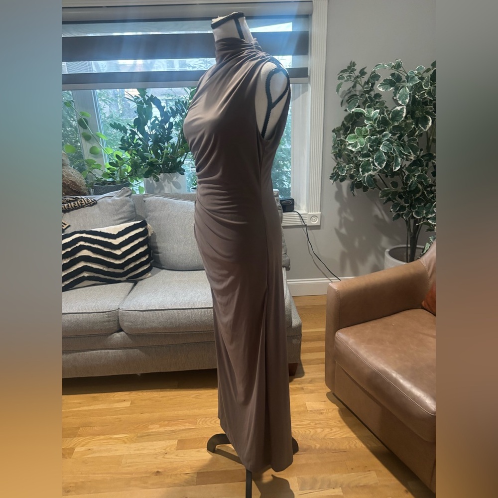 Zara Sleeveless Mock Neck Ruched Maxi Dress in Taupe Size:M - Picture 4 of 8